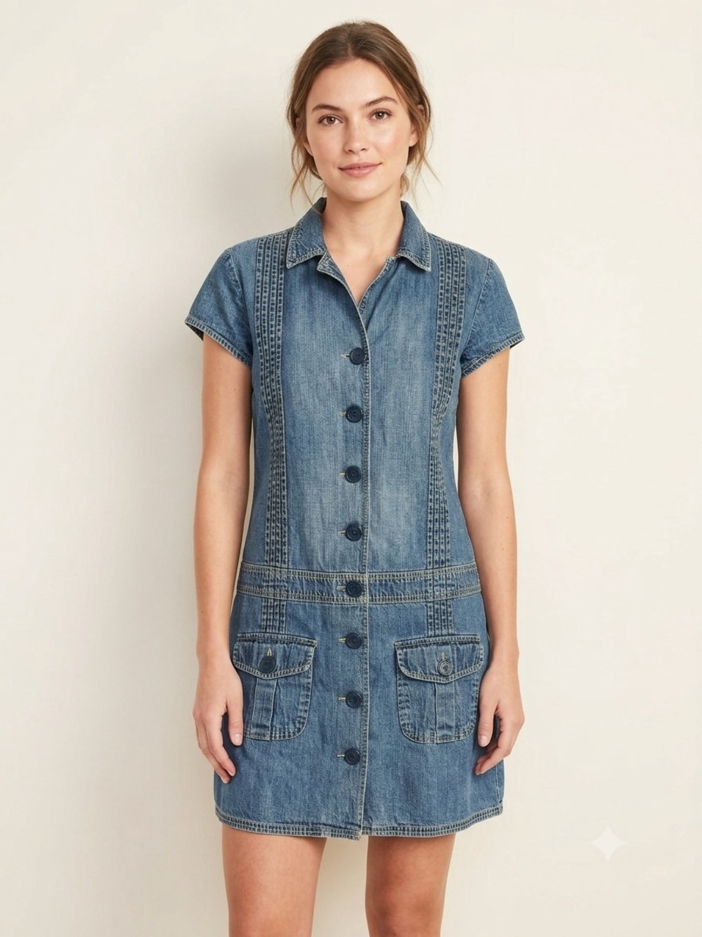 Old Navy Vintage Y2K 2004 Denim Mini Shirt Dress Blue 14